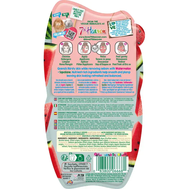 7 Heaven Watermelon Peel-Off Mask With Esqualano Increases Hydration , 10 ml - Image 2