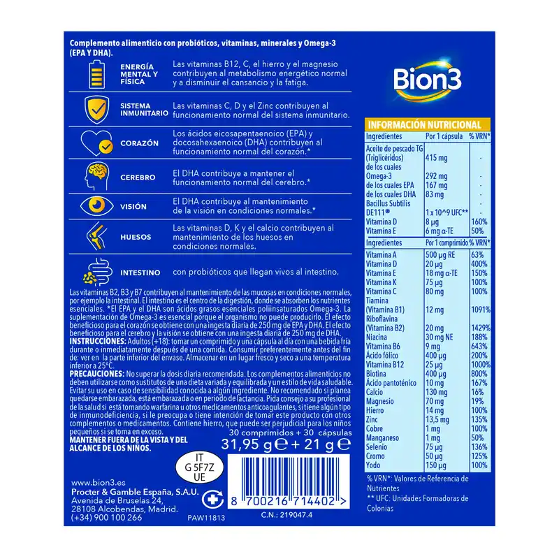 Bion3 Multi & Omega-3 With Probiotics, 60 capsules - Image 3