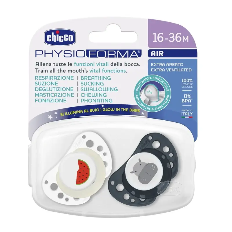 Chicco Air Silicone Pacifier Blue Luminous 16-36M 2 Units