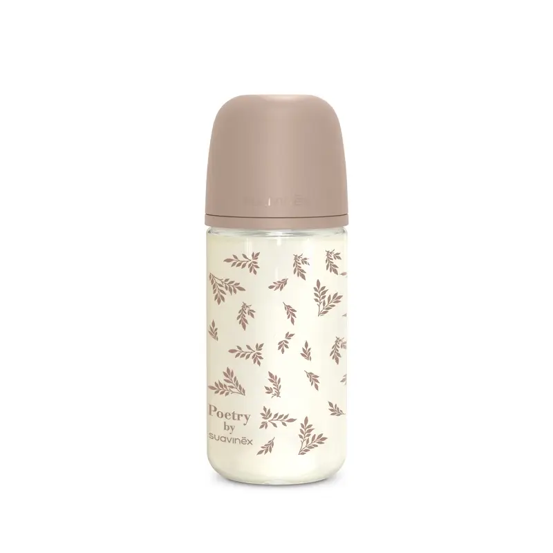 Suavinex Baby Bottle Glass 240 Ml, Medium Flow (M), +3 Months, Poetry Beige