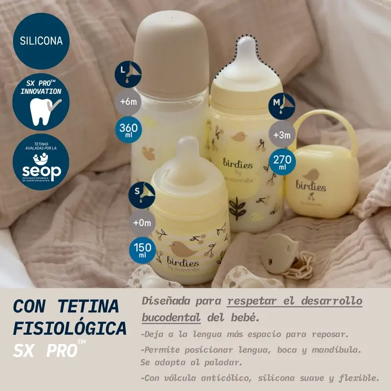 Suavinex Feeding Bottle Teat Sx Pro Slow Flow (S) +0 Months Birdies Beige, 150 ml - Image 2
