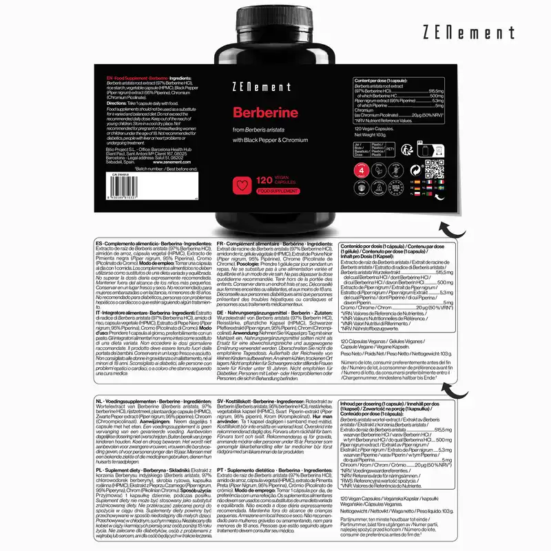 Zenement Berberine With Black Pepper And Chromium, 120 vegan capsules - Image 2