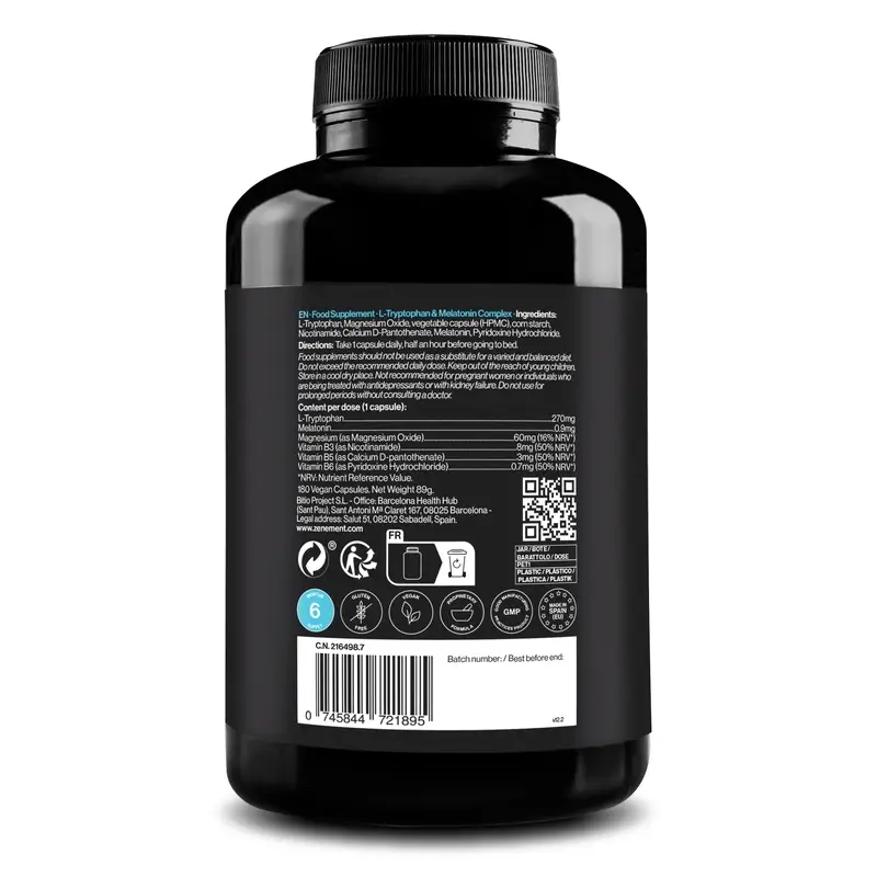 Zenement L-Tryptophan & Melatonin Complex, 180 vegan capsules - Image 2