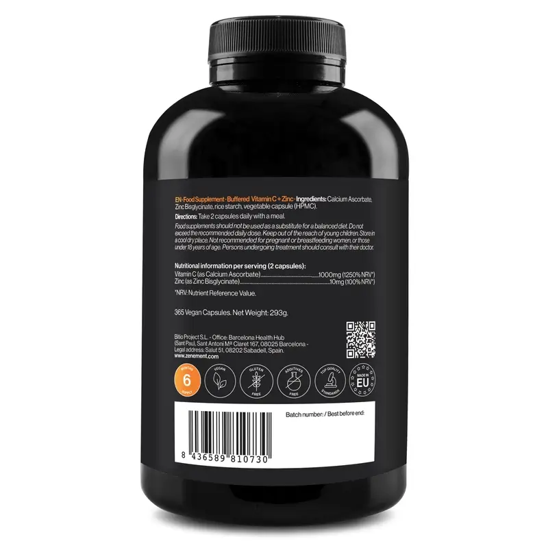 Zenement Vitamin C Buffered + Zinc, 365 vegan capsules - Image 2